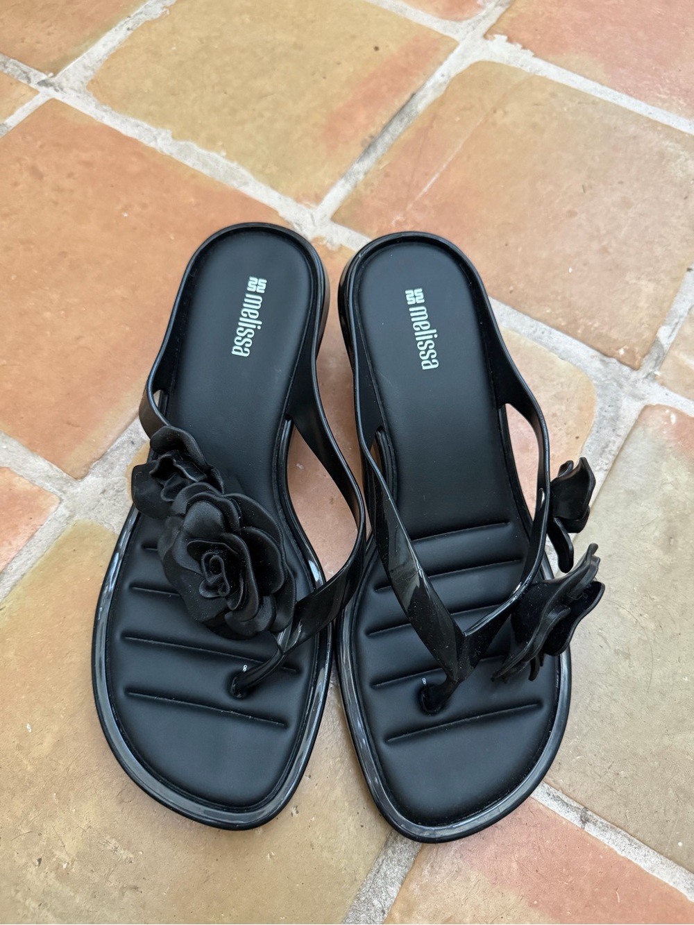 Melissa Black Floral Jelly Slide Sandals with Rose Accent